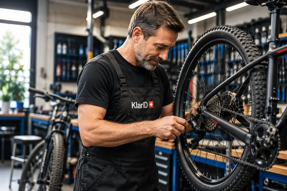 Fahrradmechaniker in einer Werkstatt beim Einstellen eines Hinterrads
